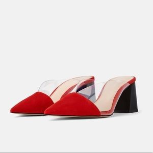 Zara Red Faux Suede Vinyl Chunky Mules Size 39